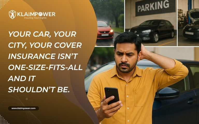 A concerned Indian man checks his phone in front of a parked car, highlighting city-specific motor insurance decisions with weather, parking, and maintenance factors shown.
