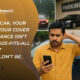 A concerned Indian man checks his phone in front of a parked car, highlighting city-specific motor insurance decisions with weather, parking, and maintenance factors shown.