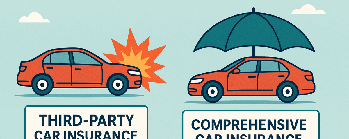 Illustration comparing third-party car insurance (crash scene) vs comprehensive insurance (car under umbrella)
