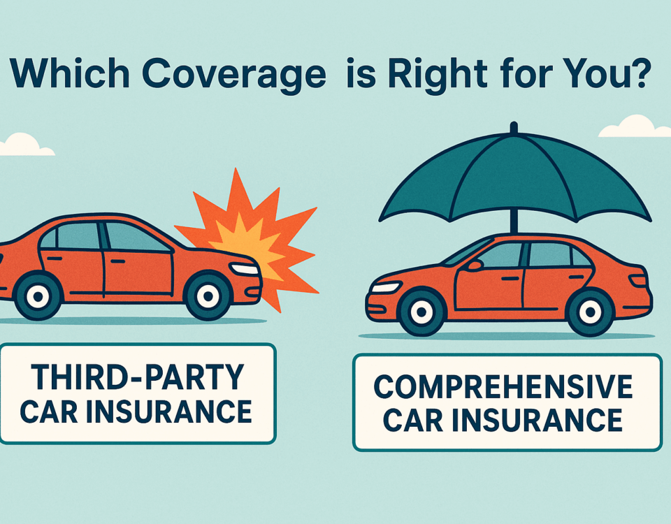 Illustration comparing third-party car insurance (crash scene) vs comprehensive insurance (car under umbrella)