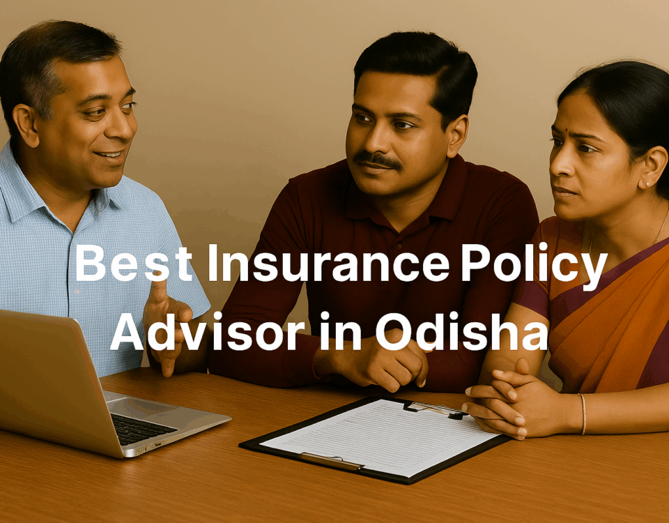 Three people in Odisha discussing motor insurance documents with a local advisor