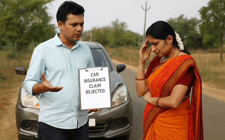 Odisha couple discussing car insurance claim with advisor outside a rural office