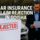 Claim rejection letter held in front of a damaged car in Odisha with insurance agent reading paperwork