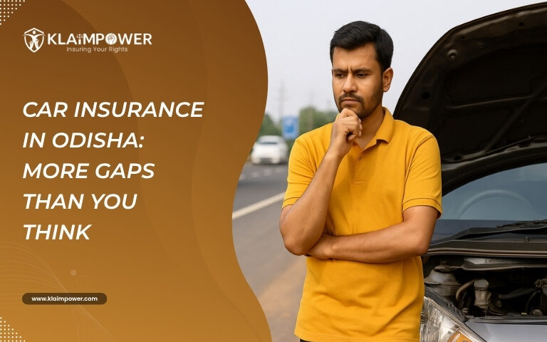Worried man standing beside a broken-down car on a highway in Odisha, highlighting car insurance gaps – KlaimPower
